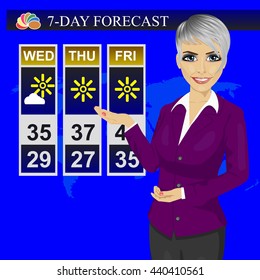 TV weather news reporter meteorologist anchorwoman reporting on the monitor screen