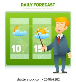 TV weather prediction forecast male news reporter background vector illustration