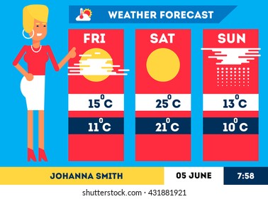 TV weather woman reporter at work standing near the news weather charts. Vector flat illustration. Good trendy colors. Text and objects could be easily removed. 