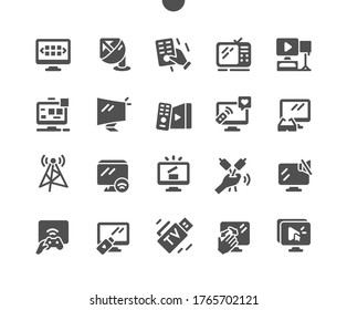 Iconos sólidos del vector perfecto Pixel perfectamente diseñados para TV 30 Cuadrícula 2x para gráficos y aplicaciones web. Pictograma mínimo simple