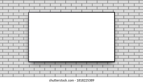 TV with white screen on brick wall background, technology vector template with copy space.