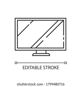Icono lineal de pantalla ancha de TV. Monitor de computadora. Dispositivo electrónico. Televisión y entretenimiento. Ilustración personalizable de línea delgada. Símbolo de contorno. Dibujo de contorno aislado del vector. Trazo editable