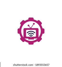 Tv and wifi gear shape concept logo vector. Television and signal symbol or icon. Unique media and radio logo
