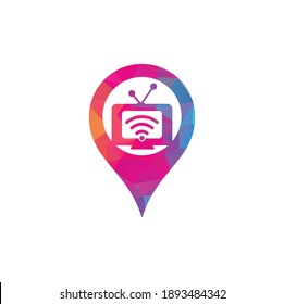 Logo-Vektorgrafik für die Pin-Form von TV- und WiFi-Karten. Symbol oder Symbol für Fernsehen und Signal. Einzigartiges Medien- und Radiologo