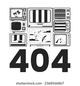 Tv without signals black white error 404 flash message. Broken old tv with noise. Monochrome empty state ui design. Page not found popup cartoon image. Vector flat outline illustration concept