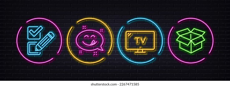 Tv, Yummy smile and Checkbox minimal line icons. Neon laser 3d lights. Open box icons. For web, application, printing. Television, Emoticon, Survey choice. Delivery package. Vector