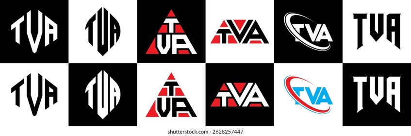 TVA letter logo design in six style. TVA polygon, circle, triangle, hexagon, flat and simple style with black and white color variation letter logo set in one artboard. TVA minimalist and classic logo