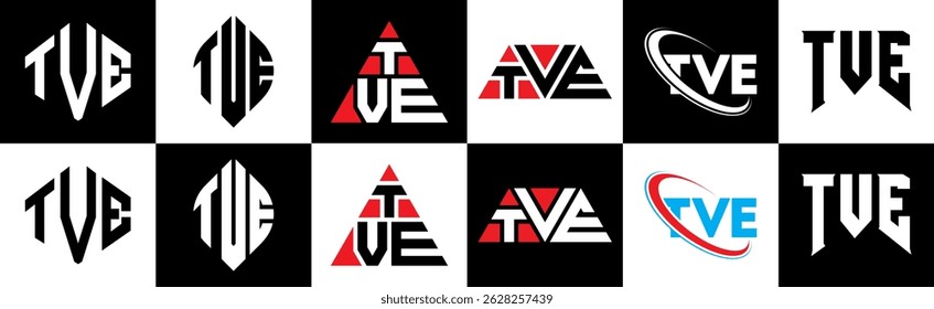 TVE letter logo design in six style. TVE polygon, circle, triangle, hexagon, flat and simple style with black and white color variation letter logo set in one artboard. TVE minimalist and classic logo