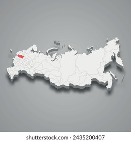 Región de Tver resaltada en rojo en un mapa 3d gris de Rusia