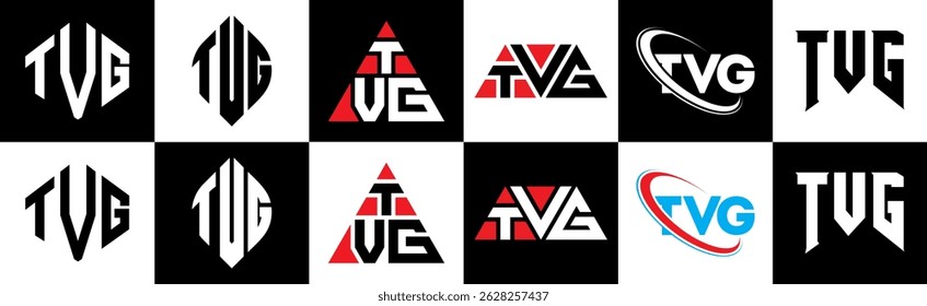 TVG letter logo design in six style. TVG polygon, circle, triangle, hexagon, flat and simple style with black and white color variation letter logo set in one artboard. TVG minimalist and classic logo