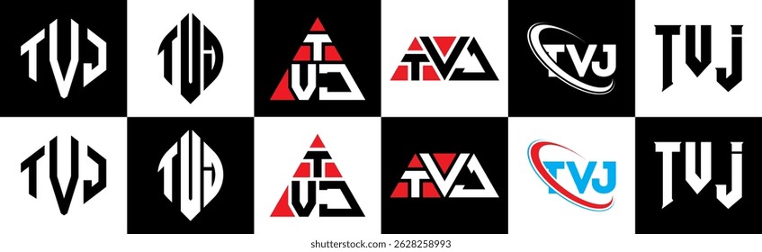 TVJ letter logo design in six style. TVJ polygon, circle, triangle, hexagon, flat and simple style with black and white color variation letter logo set in one artboard. TVJ minimalist and classic logo