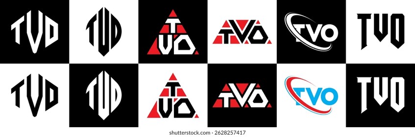 TVO letter logo design in six style. TVO polygon, circle, triangle, hexagon, flat and simple style with black and white color variation letter logo set in one artboard. TVO minimalist and classic logo