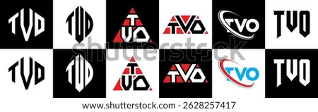 TVO letter logo design in six style. TVO polygon, circle, triangle, hexagon, flat and simple style with black and white color variation letter logo set in one artboard. TVO minimalist and classic logo
