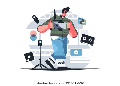 TV-operator or videographer with professional studio equipment and light panels vector illustration. Cameraman adjusting camera