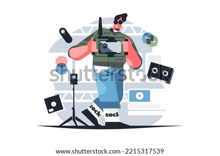 TV-operator or videographer with professional studio equipment and light panels vector illustration. Cameraman adjusting camera
