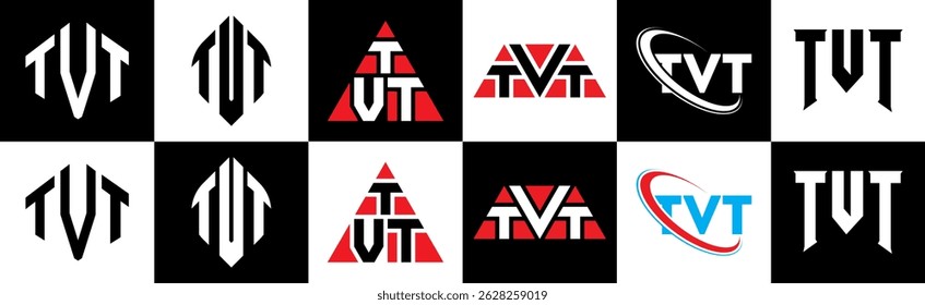 TVT letter logo design in six style. TVT polygon, circle, triangle, hexagon, flat and simple style with black and white color variation letter logo set in one artboard. TVT minimalist and classic logo