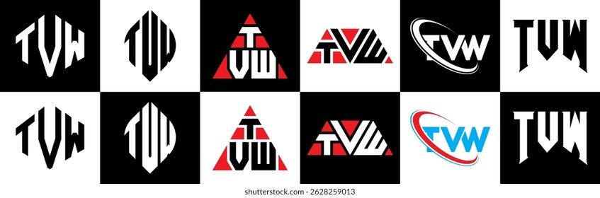TVW letter logo design in six style. TVW polygon, circle, triangle, hexagon, flat and simple style with black and white color variation letter logo set in one artboard. TVW minimalist and classic logo