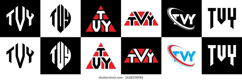 TVY letter logo design in six style. TVY polygon, circle, triangle, hexagon, flat and simple style with black and white color variation letter logo set in one artboard. TVY minimalist and classic logo