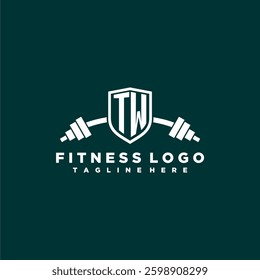 TW initial monogram for fitnes or gym logo with creative shield and barbell design