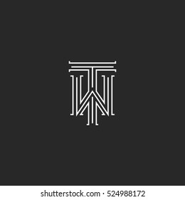 Letras TW logo monograma medieval combinación en blanco y negro iniciales WT para emblema de invitación a la boda, icono de hipster T W