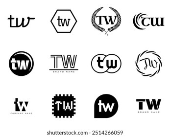 TW logo company template. Letter t and w logotype. Set different classic serif lettering and modern bold text with design elements. Initial font typography. Collection trendy business identity.