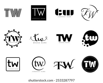 TW logo company template. Letter t and w logotype. Set different classic serif lettering and modern bold text with design elements. Initial font typography. Collection trendy business identity.