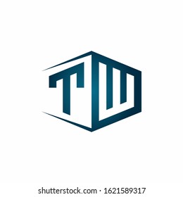 TW monogram logo with hexagon shape and negative space style ribbon design template