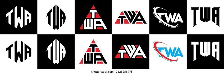 TWA carta logotipo design em estilo seis. Polígono TWA, círculo, triângulo, hexágono, estilo simples e plano com logotipo de letra de variação de cor preta e branca definido em uma prancheta. Logotipo minimalista e clássico da TWA