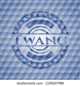 Twang blue emblem or badge with abstract geometric pattern background.
