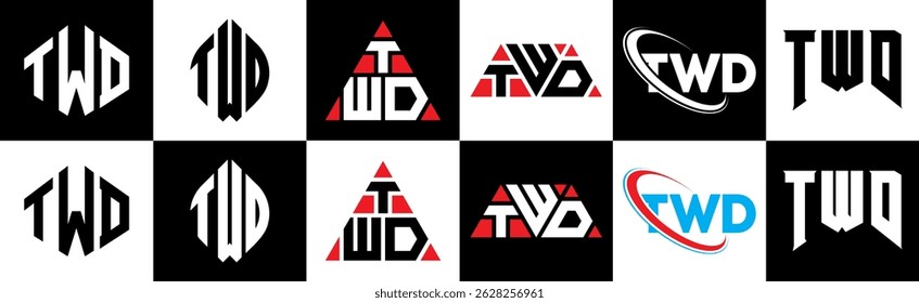 TWD Buchstaben Logo Design in sechs Stil. TWD Polygon, Kreis, Dreieck, Sechseck, flach und einfach mit schwarz-weißem Farbvariationsbuchstaben Logo in einem Zeichenbrett gesetzt. TWD minimalistisches und klassisches Logo