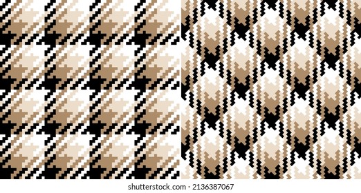 Tweed check pattern in black, brown, beige, white. Seamless classic pixel dog tooth tartan background graphic set for spring autumn dress, coat, scarf, jacket, other modern fashion textile design.