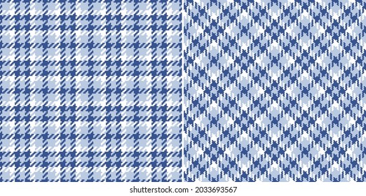 Tweed check pattern in blue and white. Seamless small modern Scottish tartan plaid graphic vector background texture for spring autumn winter dress, coat, jacket, skirt, other fashion textile design.