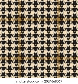 Tweed check pattern in gold brown, beige, black. Seamless herringbone textured neutral tartan check background for spring autumn winter scarf, dress, jacket, blanket, other fashion textile print.