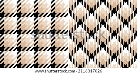 Tweed check pattern print in beige, white, black. Seamless spring autumn winter neutral houndstooth tartan plaid vector set for scarf, coat, dress, jacket, skirt, other modern fashion textile design.