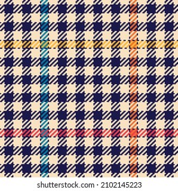 Tweed check pattern print in navy blue, red, orange, yellow, beige. Seamless stitched colorful houndstooth tartan for spring autumn winter jacket, coat, skirt, dress, trousers, other modern design.