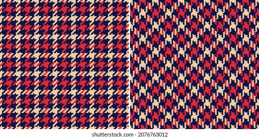 Patrón de revisión de tweed impreso en rojo, beige, azul marino. Ilustración de dientes de perro de otoño sin foco para pañuelo, abrigo, vestido, chaqueta, otro diseño textil de moda moderna. Pixel imprimiendo el pie de ganso.