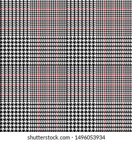 Tweed check pattern. Seamless classic glen plaid in black, red, and white for jacket, blazer, coat, skirt, dress, trousers, or other modern textile design.