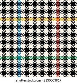 Tweed check pattern for spring autumn winter in black, blue, green, red, yellow, white. Seamless multicolored herringbone tartan plaid for jacket, coat, skirt, dress, scarf, other modern fabric print.