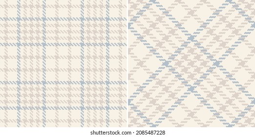 Tweed check plaid pattern for autumn winter in soft cashmere blue and beige. Seamless pixel textured light dog tooth tartan design for dress, jacket, coat, scarf, other modern fashion textile print.