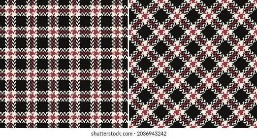 Tweed Check Plaid Pattern In Black, Red Pink, Off White. Seamless Dark Small Herringbone Textured Tartan Vector For Dress, Jacket, Coat, Skirt, Other Modern Spring Autumn Winter Fashion Fabric Print.