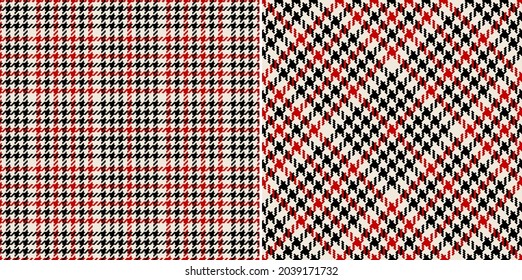 Tweed check plaid pattern in black, red, off white for scarf, bandana, dress, skirt, jacket. Seamless houndstooth tartan background vector set for modern spring autumn winter fashion textile print.