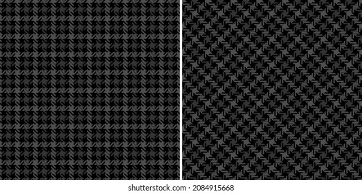 Tweed check plaid pattern in black and grey. Seamless herringbone textured small dark check vector illustration set for dress, jacket, coat, skirt, other modern spring autumn winter textile print.