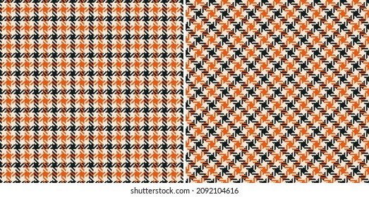 Tweed check plaid pattern in black, orange, beige. Seamless herringbone textured small vector set for dress, jacket, skirt, other modern spring summer autumn winter textile print.