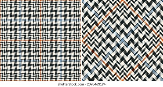 Tweed check plaid pattern in black, orange, blue, beige for spring autumn winter. Seamless tartan illustration set for scarf, dress, jacket, coat, skirt, blanket, other modern glen textile design.