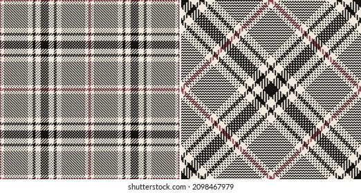 Tweed check plaid pattern in black, red, off white for spring autumn winter. Seamless tartan vector graphic set for scarf, dress, jacket, coat, skirt, blanket, other modern glen fashion design.