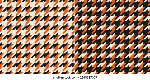 Tweed check plaid pattern in black, orange, beige. Seamless spring autumn winter houndstooth tartan vector set for scarf, coat, dress, jacket, skirt, throw, blanket, other modern fashion fabric print.