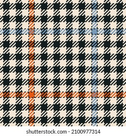 Tweed check plaid pattern in brown, orange, blue, beige. Seamless multicolored dog tooth tartan for jacket, coat, skirt, dress, trousers, blanket, other modern spring autumn winter textile print.