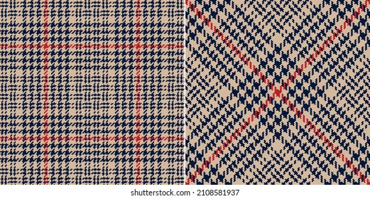 Tweed chequear el patrón de plaid en marrón, beige, rojo, azul marino. Ilustración vectorial de tartán oscuro sin inconveniente para vestir, chaqueta, falda, pañuelo, otro diseño moderno de tela de moda de invierno de primavera.