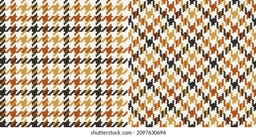 Tweed check plaid pattern in cognac brown, gold, beige. Seamless pixel textured simple houndstooth set for scarf, jacket, coat, skirt, dress, other modern spring autumn winter fashion textile print.