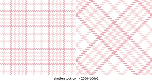 Tweed check plaid pattern in coral pink and white for spring designs. Seamless pixel textured dog tooth tartan print for dress, jacket, coat, scarf, other modern fashion textile print.